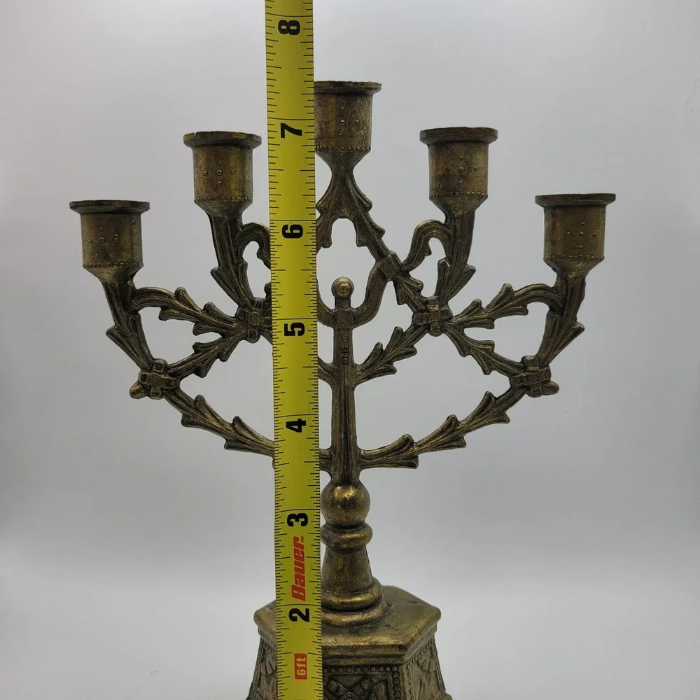 Vintage Brass‎ Menorah Candlestick Holder Ornate Octagon Base 5 Candle